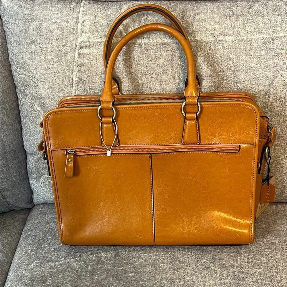 All leather laptop briefcase large shoulder strap and pockets new